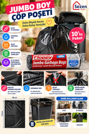 Floppy Jumbo Boy Çöp Poşeti 80x110 cm 10 Adet Siyah Kalın Endüstriyel Çöp Torbası