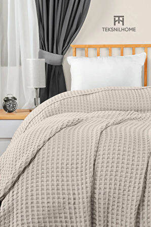 | %100 Pamuk Waffle Desen Bej Çift Kişilik Pike |yatak Örtüsü | 200x230 | Çok Amaçlı Örtü