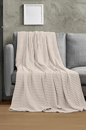 | %100 Pamuk Waffle Desen Bej Çift Kişilik Pike |yatak Örtüsü | 200x230 | Çok Amaçlı Örtü