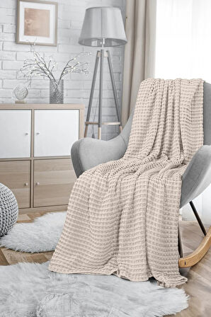 | %100 Pamuk Waffle Desen Bej Çift Kişilik Pike |yatak Örtüsü | 200x230 | Çok Amaçlı Örtü
