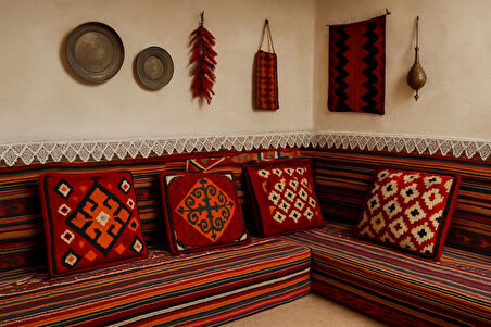Dekoratif Otantik Çift Taraflı Fermuarlı Kilim Şark Köşesi Minder Kılıfı (40cmx41cm) Mod3