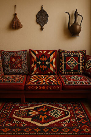 Dekoratif Otantik Çift Taraflı Fermuarlı Kilim Şark Köşesi Minder Kılıfı (40cmx41cm)  Mod7