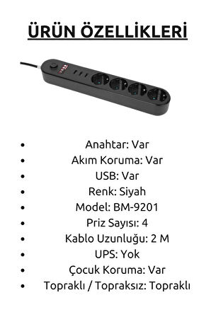 Icon BM-9201 Anahtarlı 3xUSB Çıkışlı 4'lü Akım Korumalı Priz