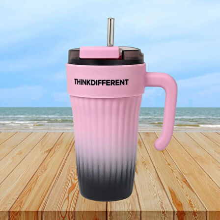 Bondy Think Different Kulplu Kapaklı Büyük Boy Mug 860 ml - Pipetli Paslanmaz Çelik Termos Bardak