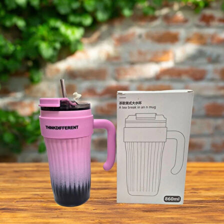 Bondy Think Different Kulplu Kapaklı Büyük Boy Mug 860 ml - Pipetli Paslanmaz Çelik Termos Bardak