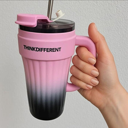 Bondy Think Different Kulplu Kapaklı Büyük Boy Mug 860 ml - Pipetli Paslanmaz Çelik Termos Bardak