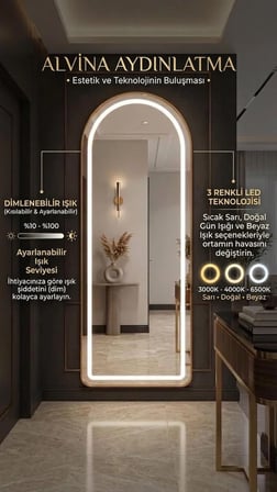 GOLD METAL ÇERÇEVELİ LEDLİ DİMMERLİ OVAL AYAKLI boy aynası
