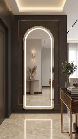 GOLD METAL ÇERÇEVELİ LEDLİ DİMMERLİ OVAL AYAKLI boy aynası