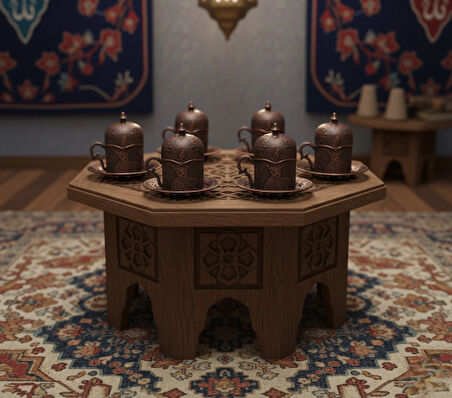 SENA Semazen 6 Kişilik Porselenli Kapaklı Bakır Renkli 24 Parça Fincan Seti