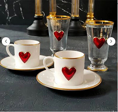 REGNA HOME Fine Living Love 2 Kişilik Dekorlu Kahve Yanı Su Bardaklı Kadehli 6 Parça Kahve Fincan Takımı
