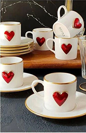 REGNA HOME Fine Living Love 2 Kişilik Dekorlu Kahve Yanı Su Bardaklı Kadehli 6 Parça Kahve Fincan Takımı