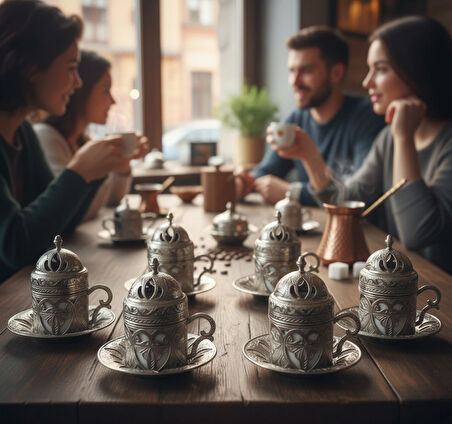 Defne 6 Kişilik 24 Parça Metal Porselenli Gümüş Renk Kahve Fincan Seti