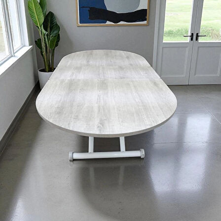 Oval Ortadan Açılır Akıllı Masa Üst Mdf Lizbon Alt Ayak Beyaz Renk