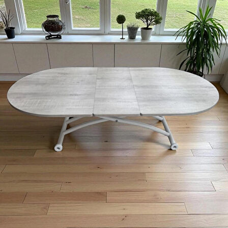 Oval Ortadan Açılır Akıllı Masa Üst Mdf Lizbon Alt Ayak Beyaz Renk
