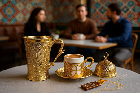Yonca Altın Renk Porselenli Motifli Fincan ve Zamak Desenli (6.5cmx8.5cm) Bardak Sunum Set
