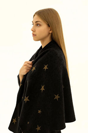 Gold Sim İplikten İşlenmiş YILDIZ Motifli Triko Şal Yumuşak Dokulu, Rahat ve Şık-Taşınabilir Çantalı