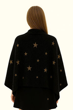 Gold Sim İplikten İşlenmiş YILDIZ Motifli Triko Şal Yumuşak Dokulu, Rahat ve Şık-Taşınabilir Çantalı