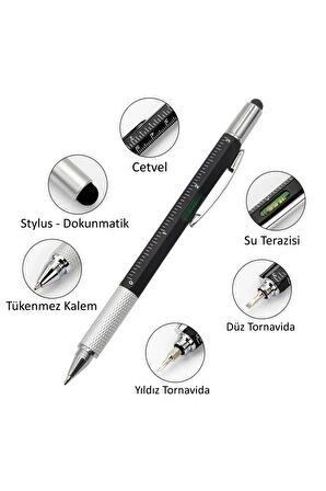 Mühendis Kalemi Su Terazili Cetvelli Tornavidalı Touchpen Siyah