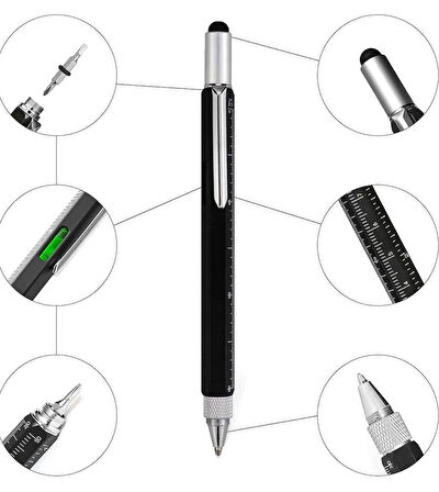 Mühendis Kalemi Su Terazili Cetvelli Tornavidalı Touchpen Siyah