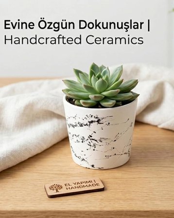 NeWme 2’li Seramik Saksı / Dekoratif Kupa Seti Beyaz Siyah Desenli | Modern Dekoratif El Yapımı Tasarım - 10 cm
