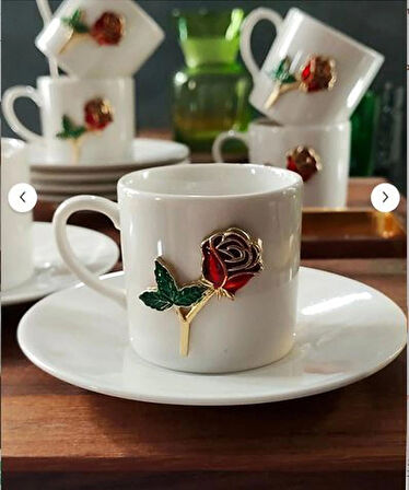REGNA HOME Fine Living Regna Home Gül İşlemeli 12 Parça 6 Kişilik Sade Porselen Kahve Seti