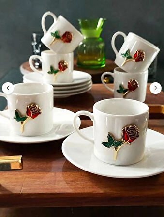 REGNA HOME Fine Living Regna Home Gül İşlemeli 12 Parça 6 Kişilik Sade Porselen Kahve Seti