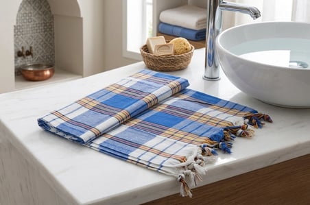 LUDIA %100 Pamuk Ekose Peştemal Havlu Mavi Çizgili Saçaklı Plaj ve Banyo Peştemali 79x190 cm