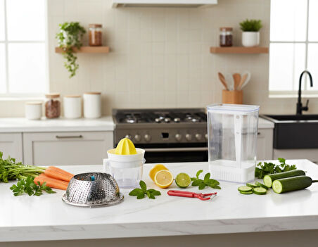 LUDIA Narenciye Sıkacağı,Sebze Saklama Kabı,Sebze Pişirici ve Sebze Meyve Soyacağı 4 lü Set