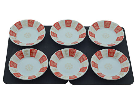 Porselen 6 Kişilik Çiçek Desenli Kırmızı Beyaz Çay Tabağı 11cm