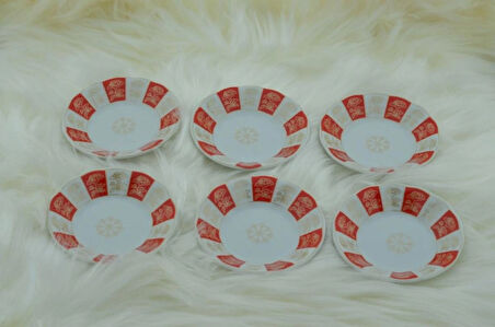 Porselen 6 Kişilik Çiçek Desenli Kırmızı Beyaz Çay Tabağı 11cm