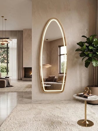 GOLD METAL ÇERÇEVELİ OVAL LEDLİ DİMMERLİ AYAKLI boy aynası