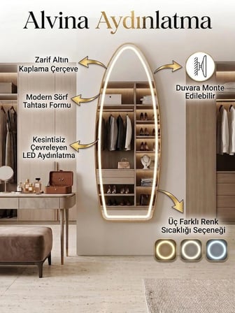 GOLD METAL ÇERÇEVELİ OVAL LEDLİ DİMMERLİ AYAKLI boy aynası