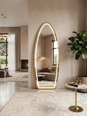 GOLD METAL ÇERÇEVELİ OVAL LEDLİ DİMMERLİ AYAKLI boy aynası