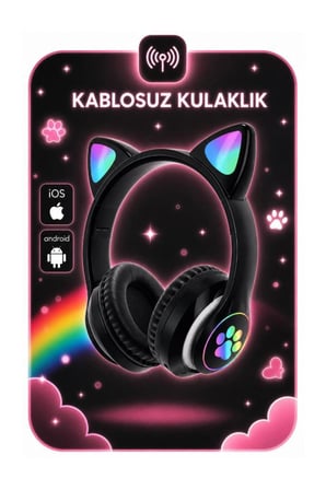 Bluetooth Kulaklık Kulak Üstü Kedi Tasarımlı Kablosuz Kulaklık HD90 