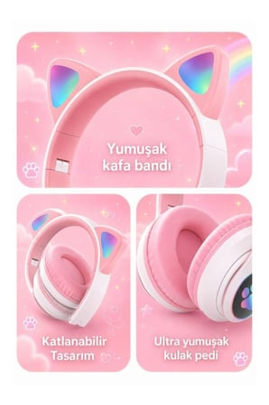 Bluetooth Kulaklık Kulak Üstü Kedi Tasarımlı Kablosuz Kulaklık HD90 