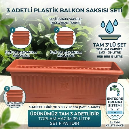 Ness 3'lü Set 13 Litre Dikdörtgen Balkon Saksısı Kiremit Plastik Tabaklı