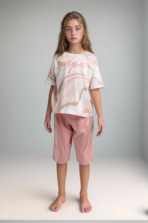 Kiz Cocuk %100 Pamuklu Bisiklet Yaka T Shirt Kapri Takim