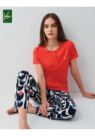 Pierre Cardin 9162 Kısa Kol Modal Pamuklu Kadın Pijama Takımı Kırmızı 3XL