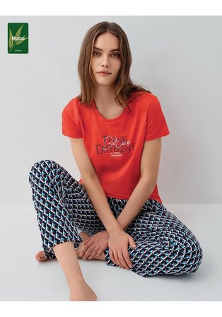 Pierre Cardin 9157 Kadın Pijama Takımı Kısa Kol Kırmızı XL Modal Pamuk XL