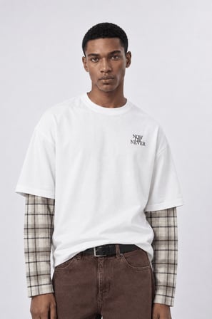 Erkek Now Or Never Nakışlı Double Sleeve Oversize Sweatshirt Ekru