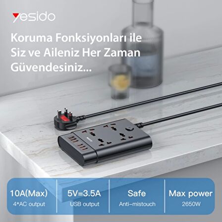 Yesido MC08 10in1 6 Adet Usb ve 4 Adet Priz Dönüştürücü 1.8M