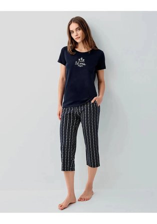 Pierre Cardin 9207 Kadın Pijama Takımı Lacivert Modal Pamuk Kısa Kol Kapri Cepli S Beden