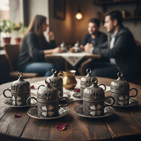 SENA Yonca Desenli 6 Kişilik Porselenli Kapaklı 24 Parça Kalay Renk Fincan Seti