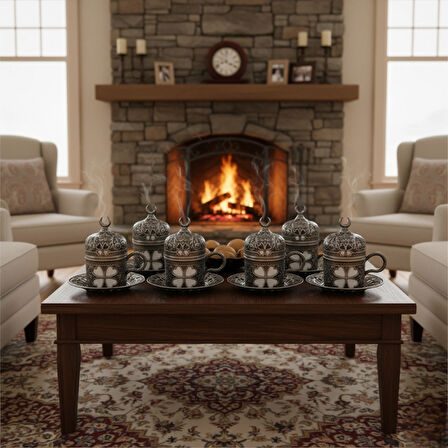 SENA Yonca Desenli 6 Kişilik Porselenli Kapaklı 24 Parça Kalay Renk Fincan Seti