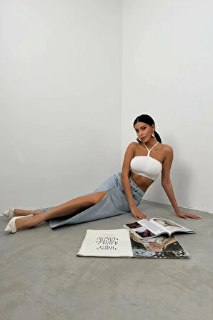 %100 Pamuk Varak Baskılı Yırtmaçlı Mavi Maxi Kot Etek