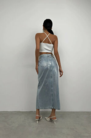 %100 Pamuk Varak Baskılı Yırtmaçlı Mavi Maxi Kot Etek