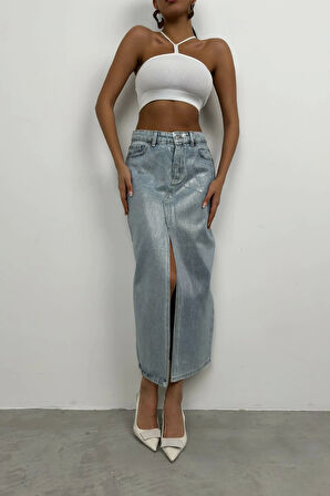 %100 Pamuk Varak Baskılı Yırtmaçlı Mavi Maxi Kot Etek