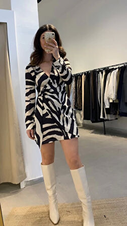 Gömlek Yaka Zebra Desenli Elbise