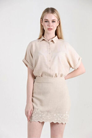 Nakışlı Taş Rengi Keten Kadın Mini Etek