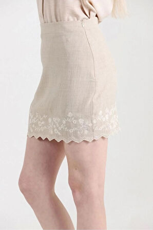 Nakışlı Taş Rengi Keten Kadın Mini Etek